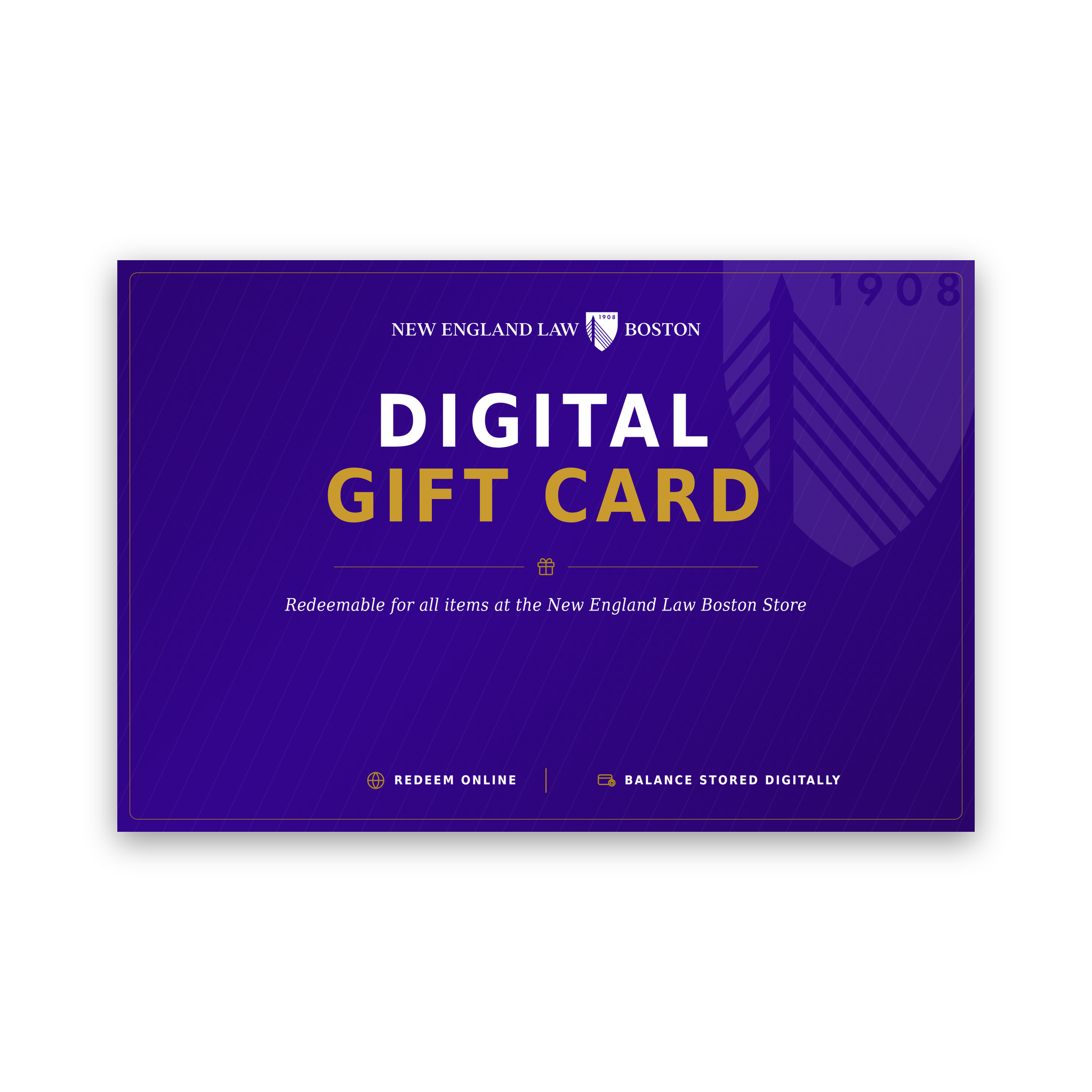 A purple New England Law Boston digital gift card with white and gold text, shown on a clean white background.