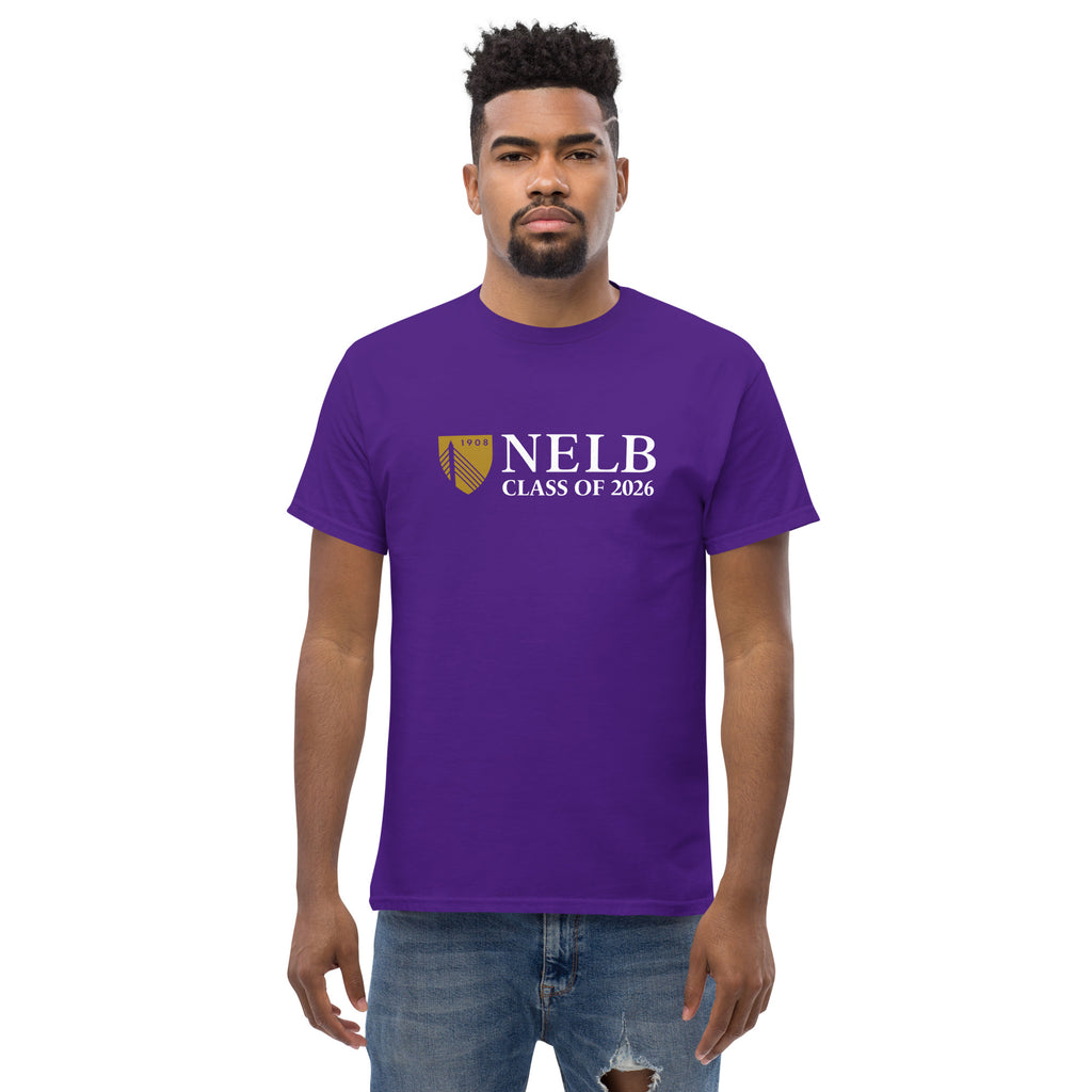 Man wearing a purple t-shirt with 'NELB Class of 2026' text and logo on a white background