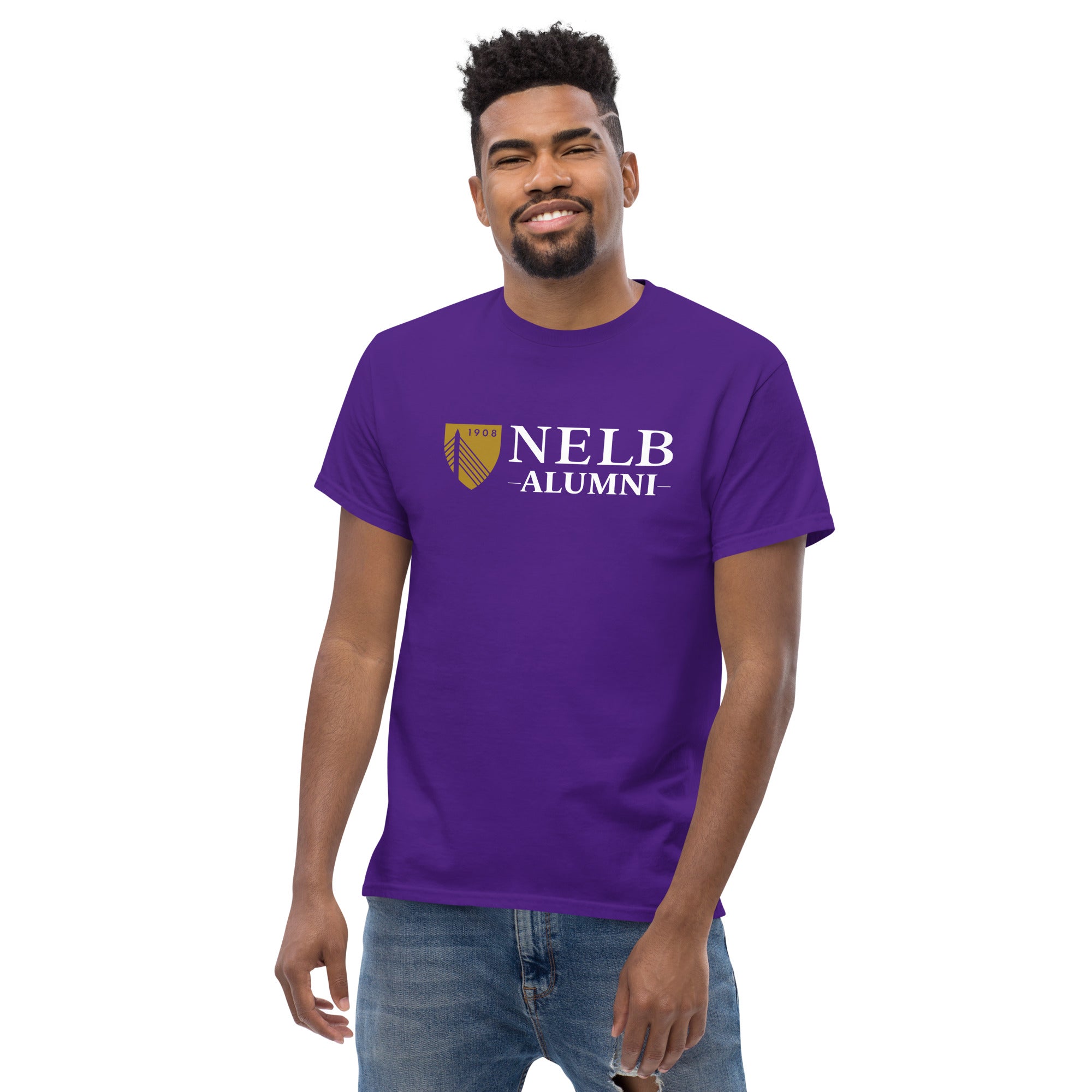 Man wearing a purple t-shirt with 'NELB Alumni' text on a white background